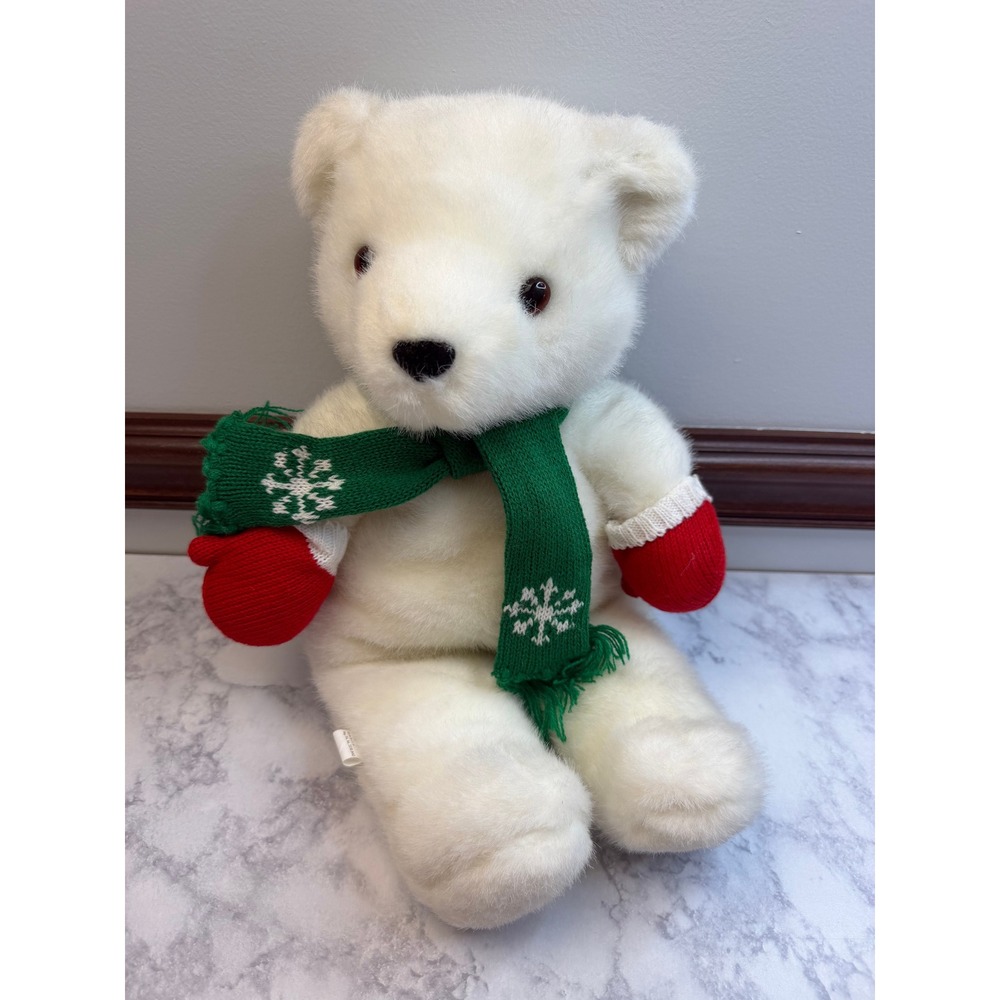 Hallmark Polar Bear Plush White Christmas Holiday Scarf Mittens 15" Soft Toy